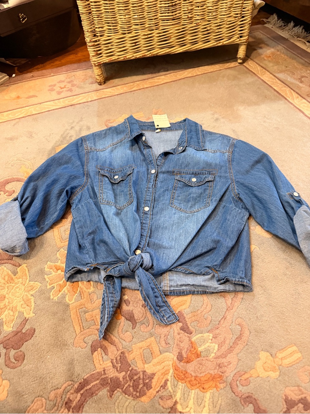 Tie-Front Denim Shirt Jacket - Medium Wash Blue